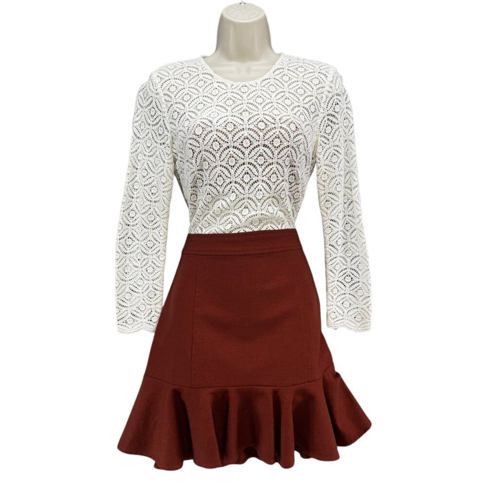 Veronica Beard Bex Crew Neck Combo Dress White Rust Crochet Lace Top Mini Size 4